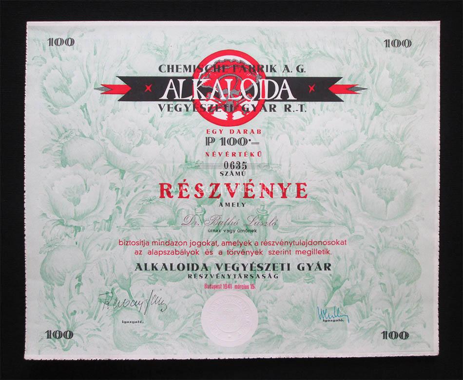 Alkaloida Vegyészeti Gyár részvény 100 pengõ 1941 /morfin/